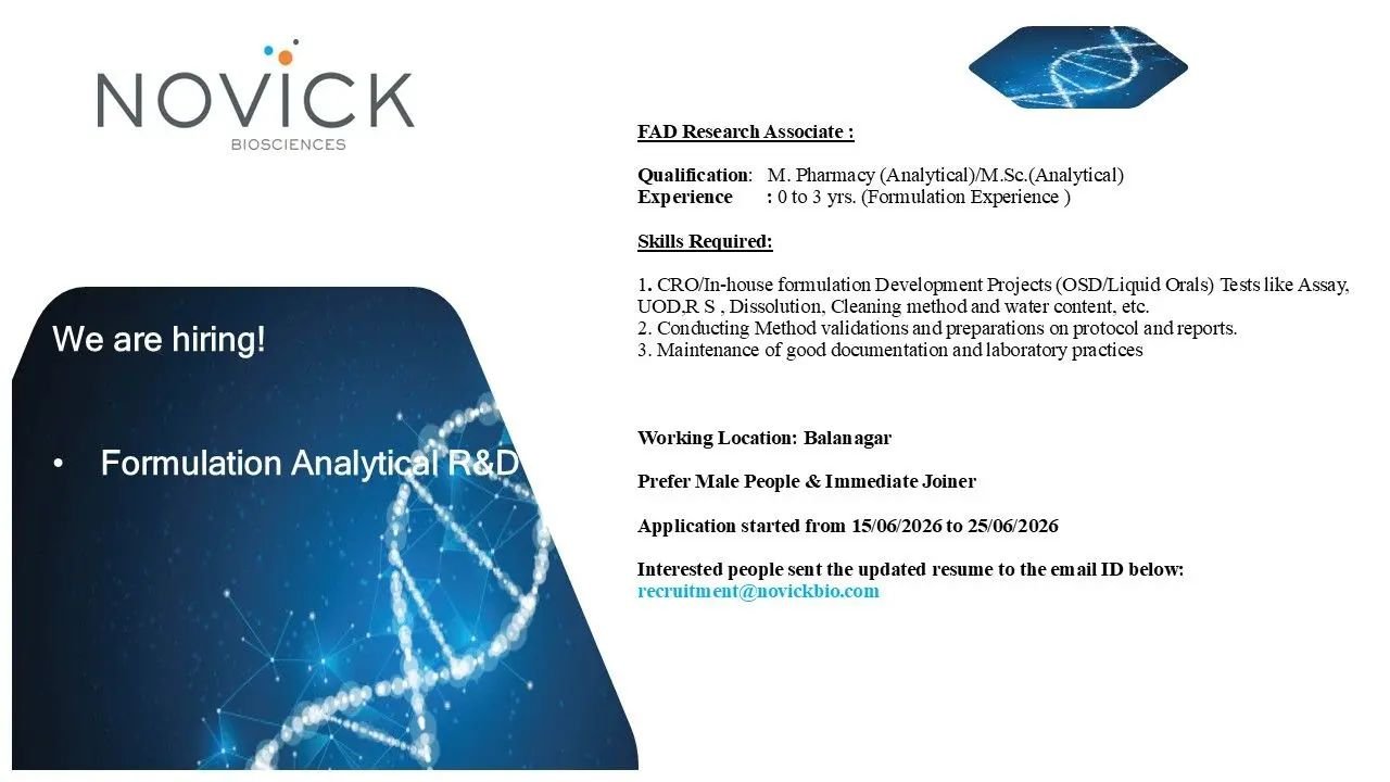 1781530017644 Freshers Needed In Formulation Analytical R&D At Novick Biosciences
