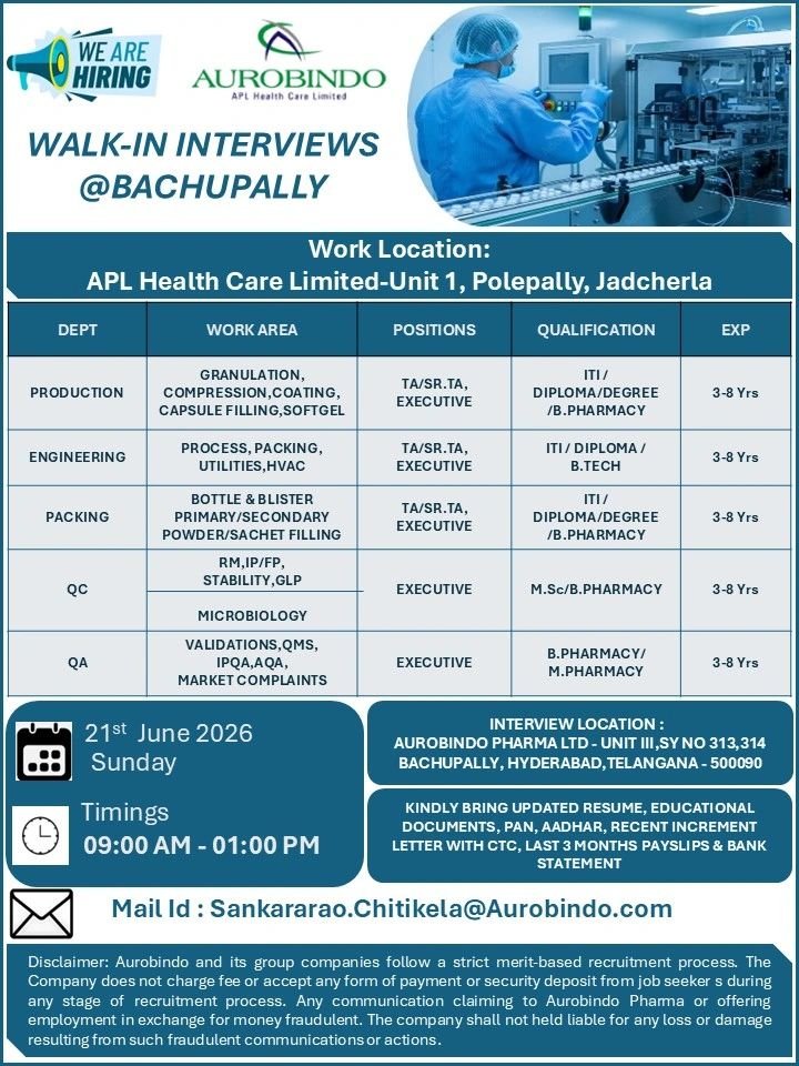 1781589771864 Aurobindo Pharma Hiring For Production / Engineering / Packing / Quality Control / Quality Assurance / Microbiology