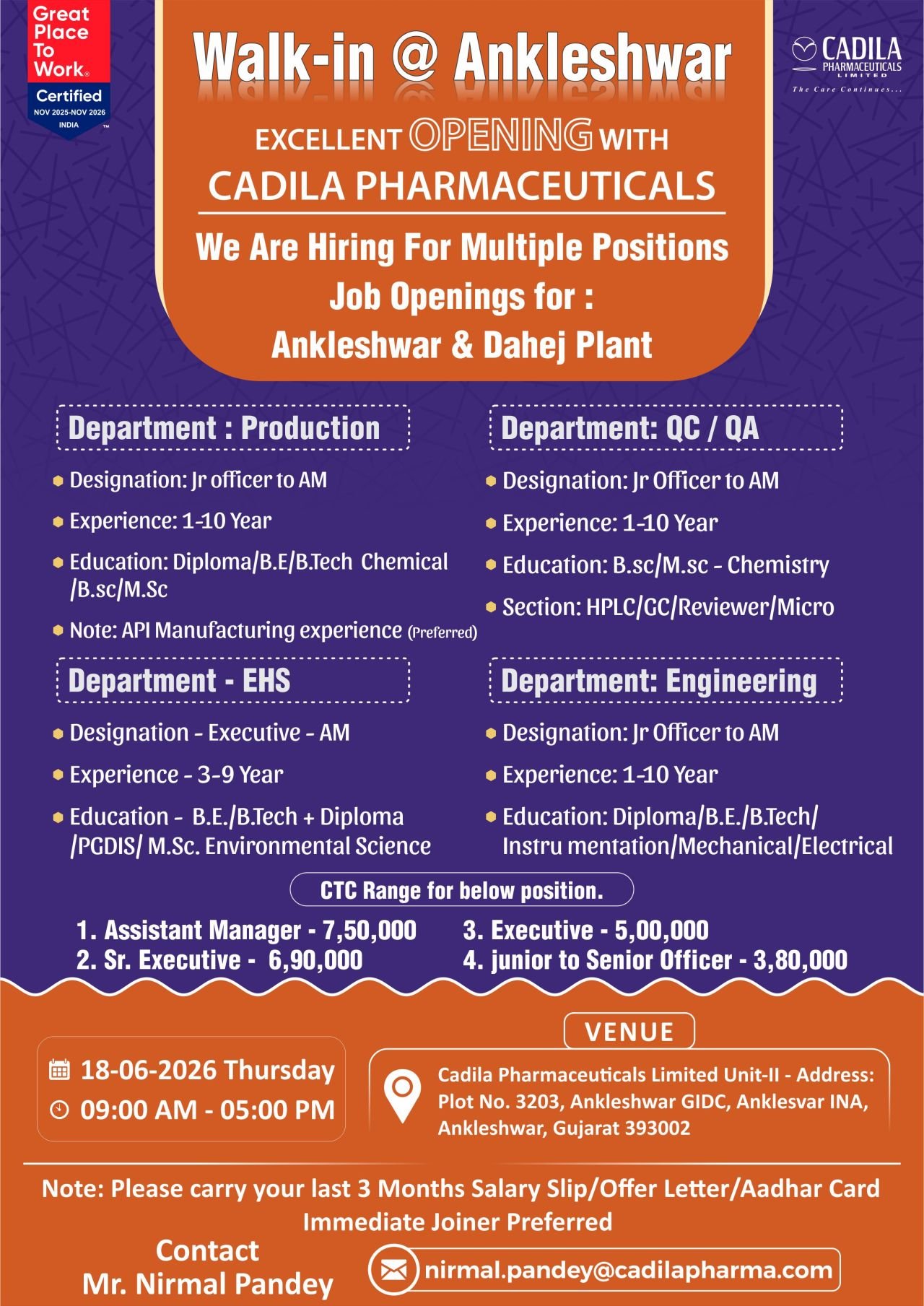 Cadila Pharmaceuticals Hiring For Production / Quality Control / Quality Assurance / Engineering / EHS