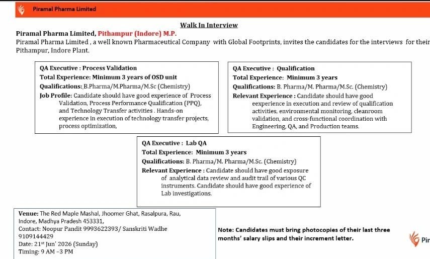 1781674408200 Piramal Pharma Hiring For QA Process Validation, QA. Lab QA