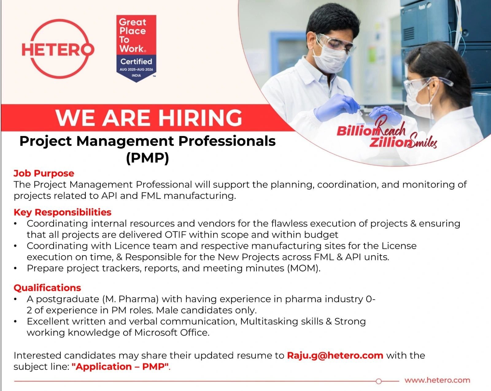 Freshers Needed In Project Management Professional At Hetero