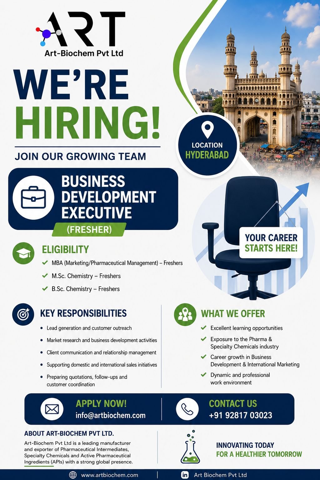 Freshers Needed In Business Development Executive & Research and Development Associate At Art-Biochem Pvt Ltd