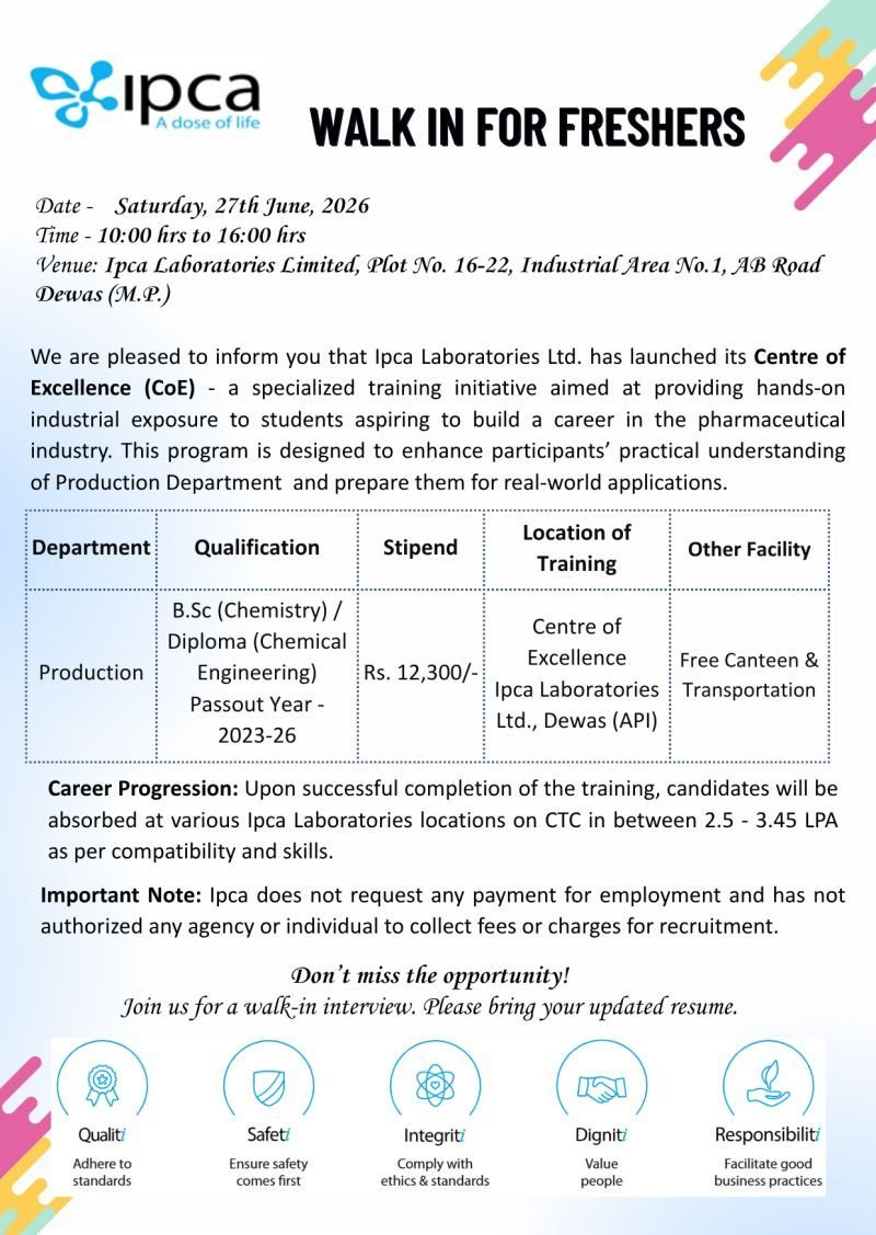 1781876792420 Freshers Needed In Production Trainee At IPCA Laboratories