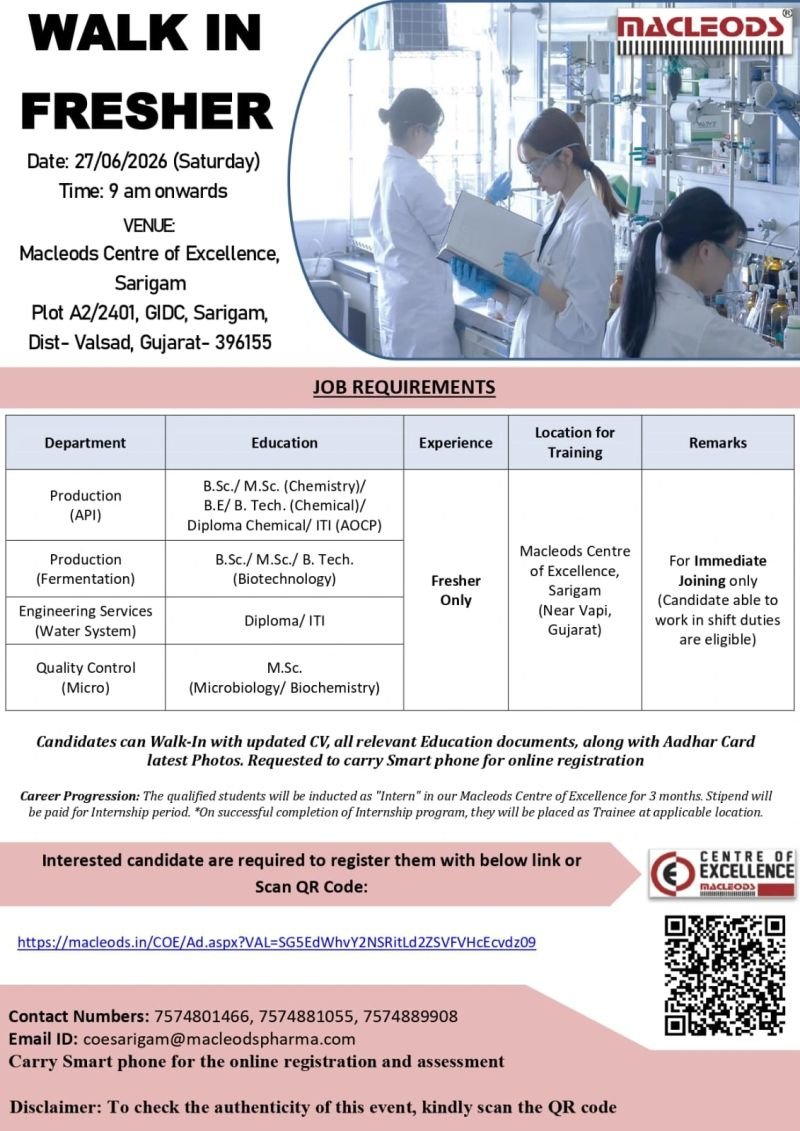 1781882771993 Freshers Needed In Production / Quality Control / Engineering At Macleods Pharmaceuticals