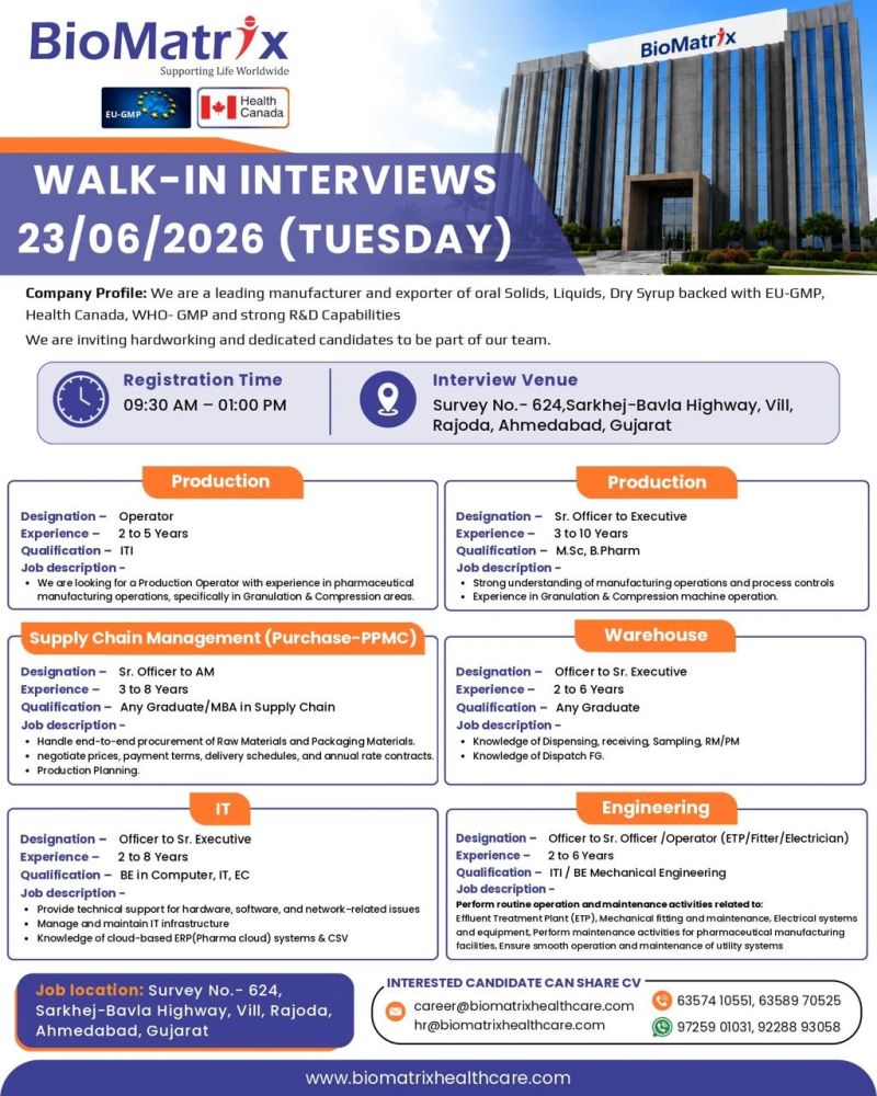 1781887488775 BioMatrix Healthcare Hiring For Production / Supply Chain Management / IT / Engineering