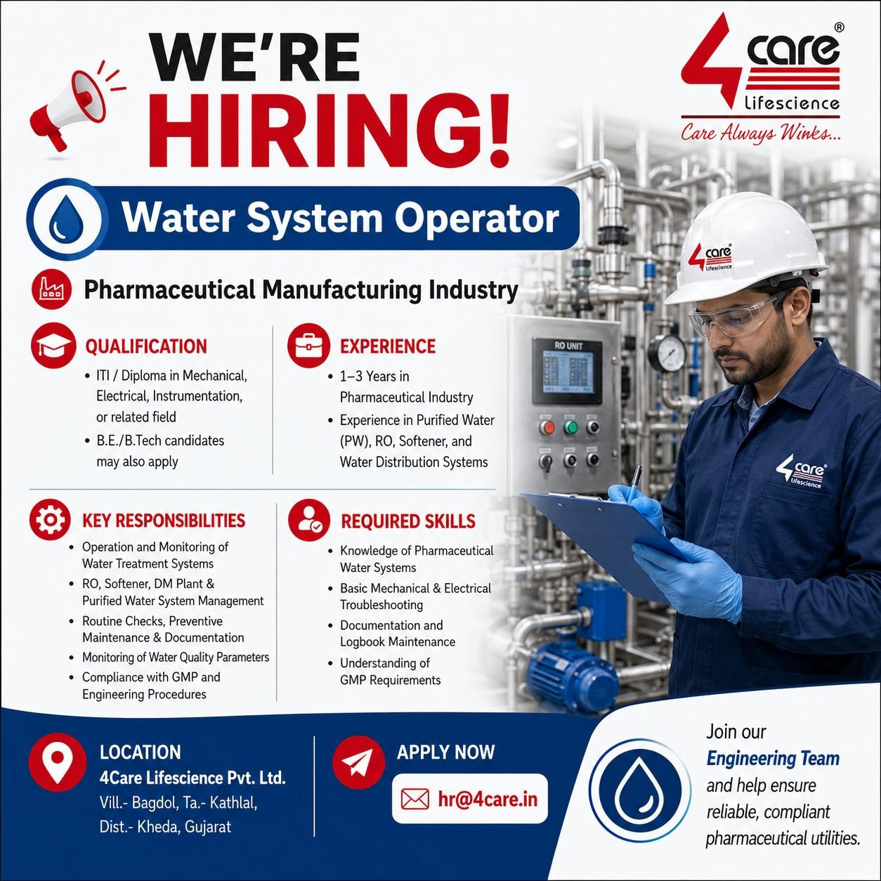 1781952467449 Freshers Needed In Quality Control / Water System Operator / Quality Assurance At 4Care Lifescience