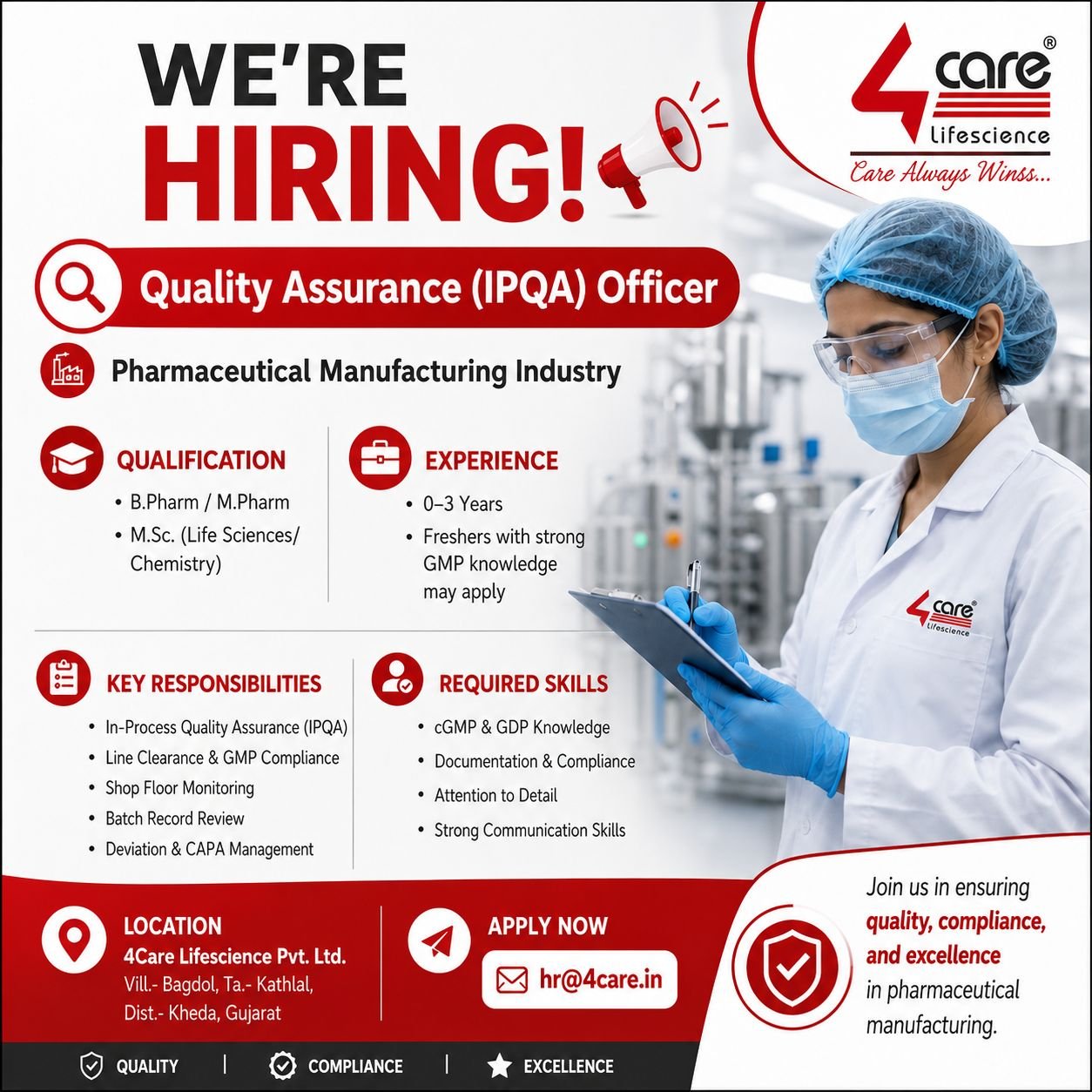 1781952467792 Freshers Needed In Quality Control / Water System Operator / Quality Assurance At 4Care Lifescience