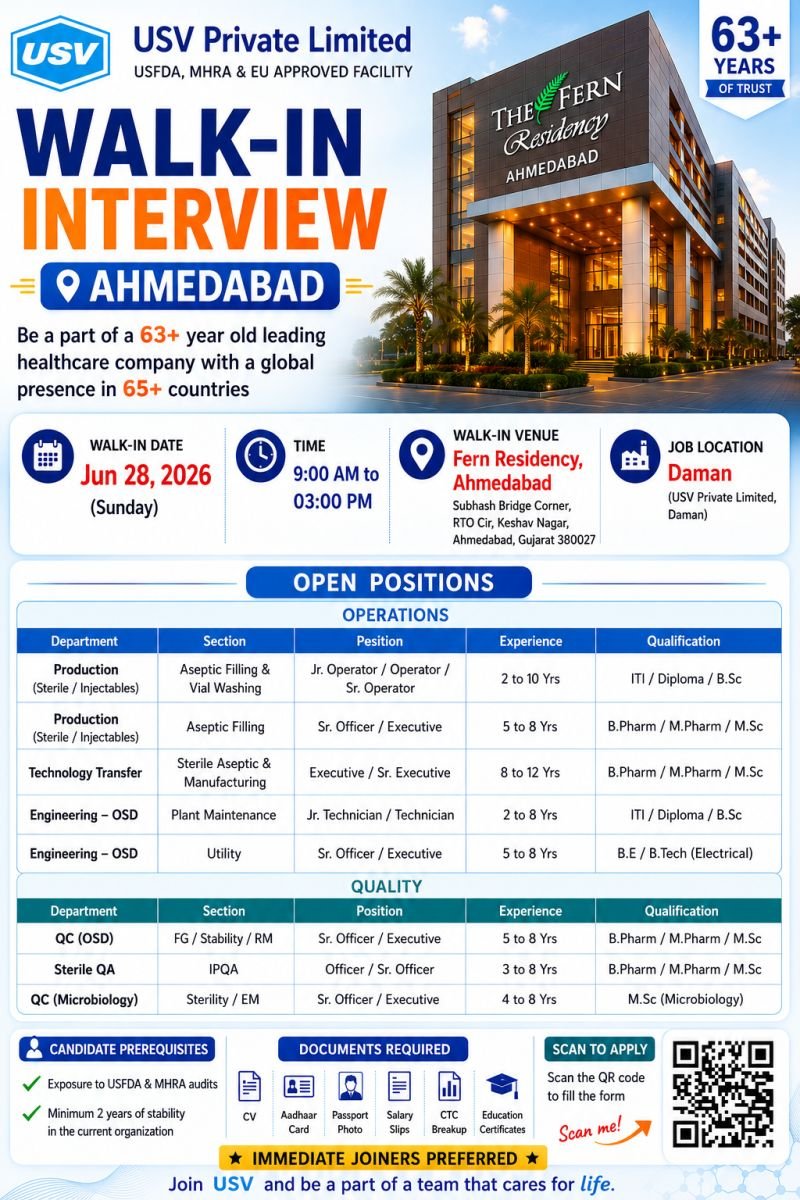 1781959445102 USV Private Hiring For Production, Sterile Injectables, Quality Assurance, Quality Contro, Microbiology, Engineering