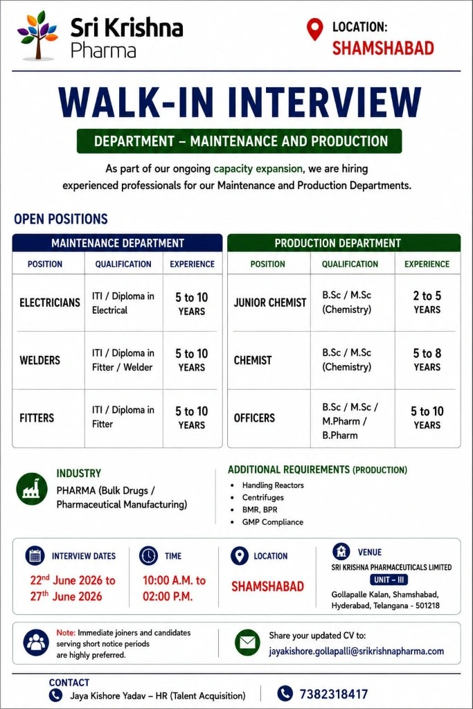1782106244625 Sri Krishna Pharma Hiring For Production / Maintenance Department