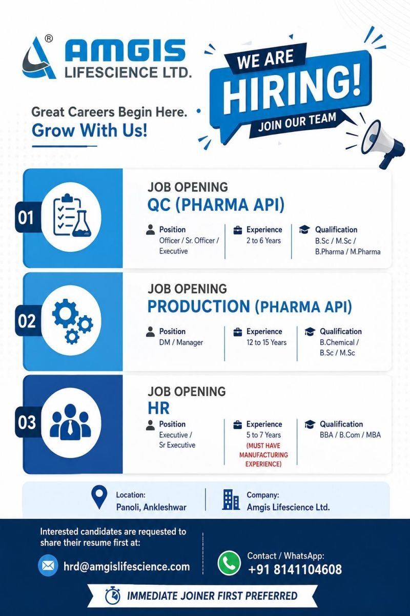 Amgis Lifescience Hiring For Production / Human Resources / Quality Control