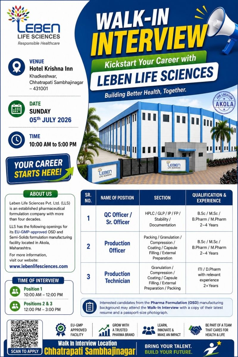 1782207513077 Leben Life Sciences Hiring For Production Technician / Production / Quality Control