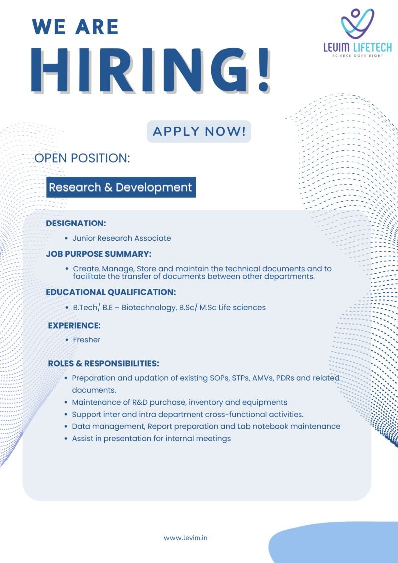 Freshers Needed In Research & Development At Levim Lifetech Science