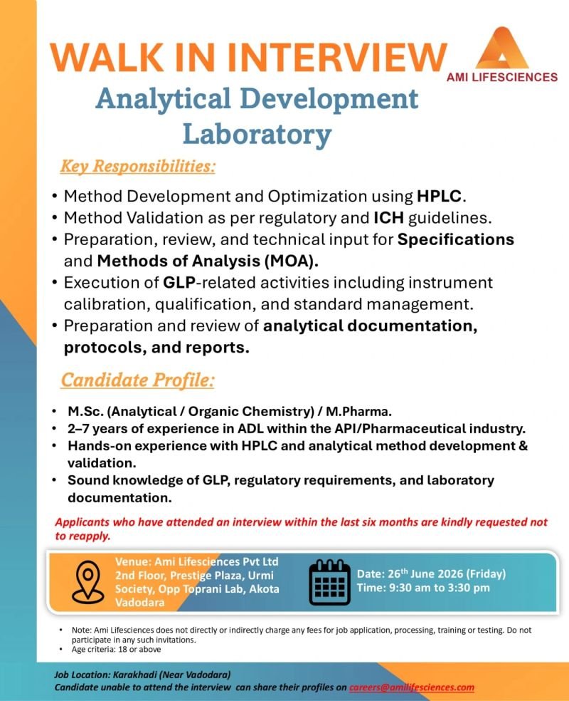 Ami Lifesciences Hiring For Analytical Development Laboratory
