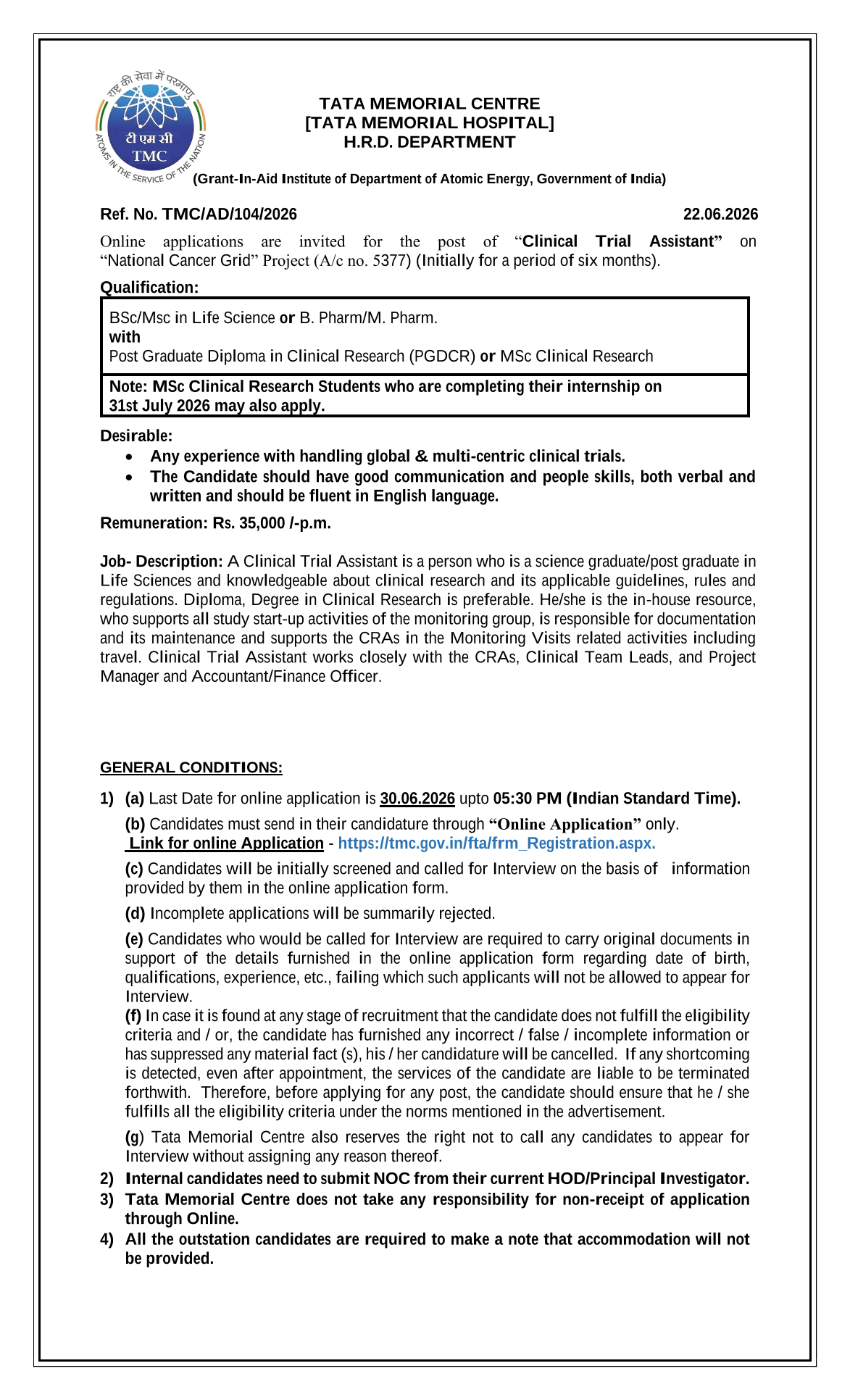 Tata Memorial Centre Hiring For Clinical Trial Assistant