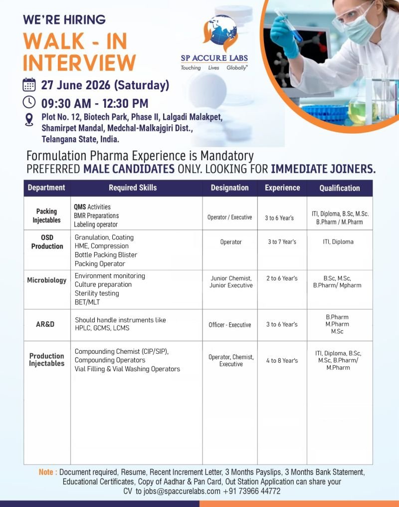1782283454372 SP Accure Labs Hiring For Production / Packing / Microbiology / Analytical Research & Development