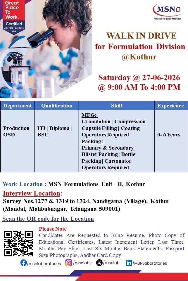 Freshers Needed In Production OSD At MSN Laboratories
