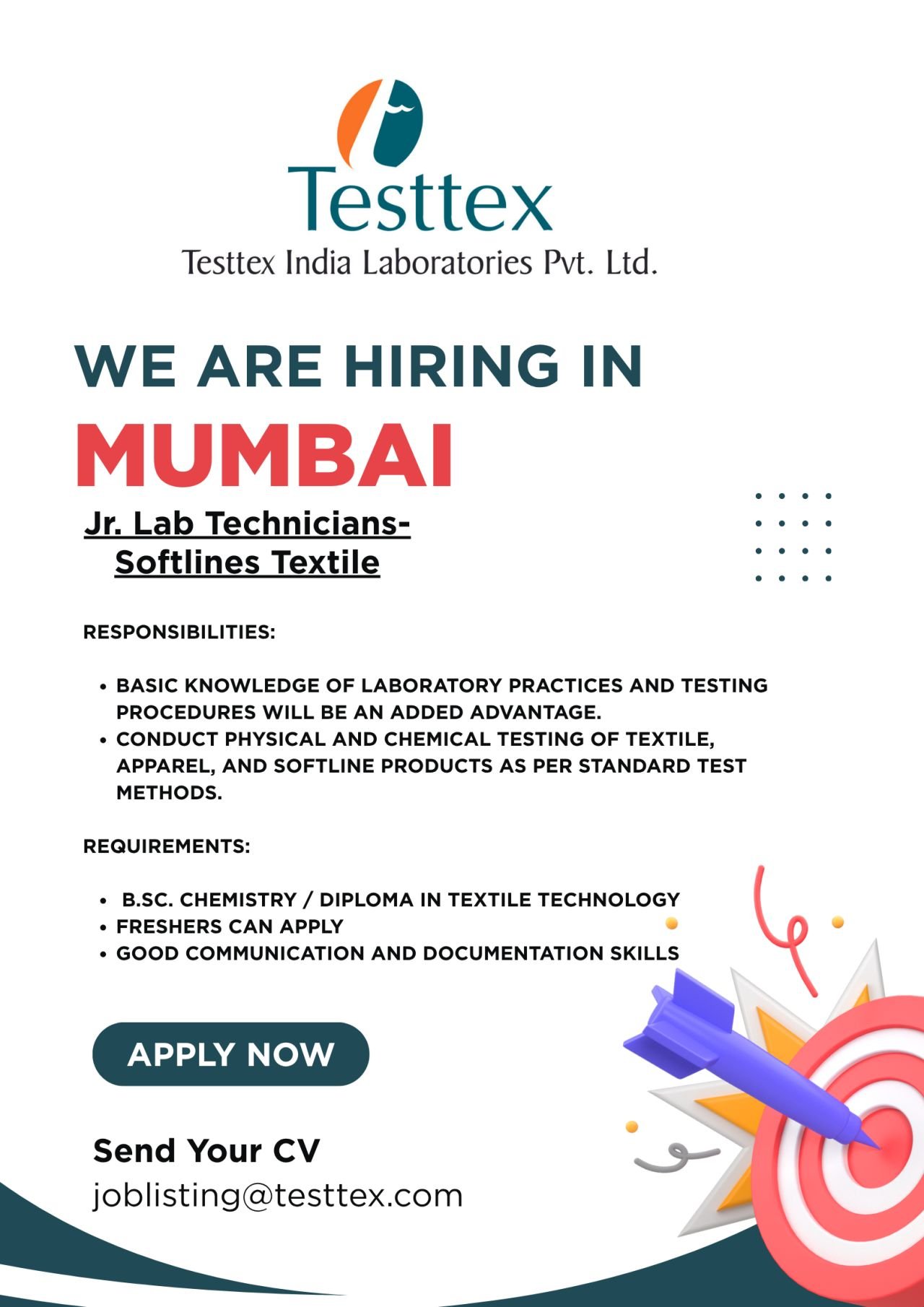 Testtex India Laboratories Hiring For Jr. Lab Technician – Softlines Textile
