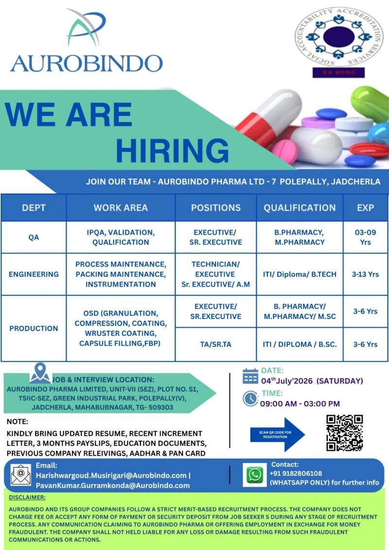 Aurobindo Pharma Hiring For Production / Engineering / Quality Assurance