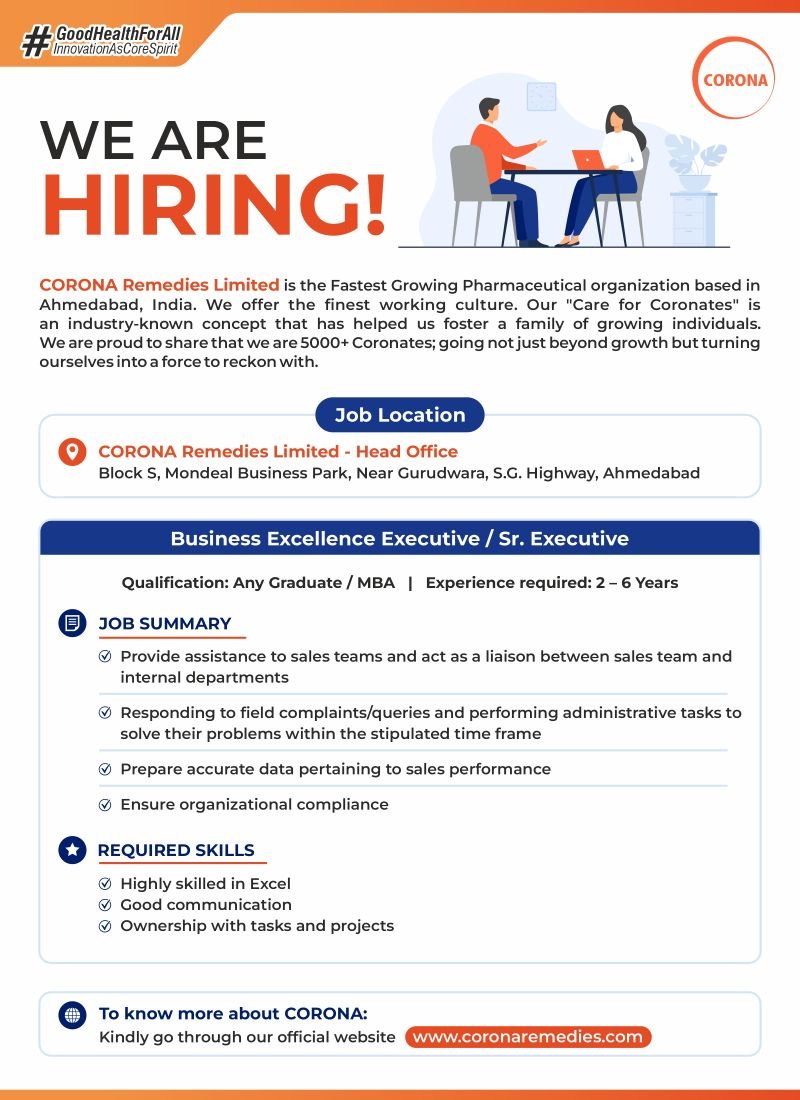 Corona Remedies Hiring For Business Excellence Executive