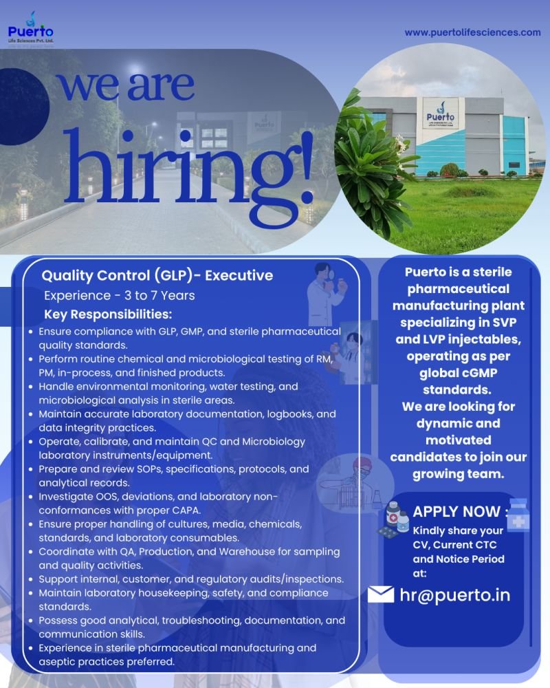 Puerto Lifesciences Hiring For Quality Control