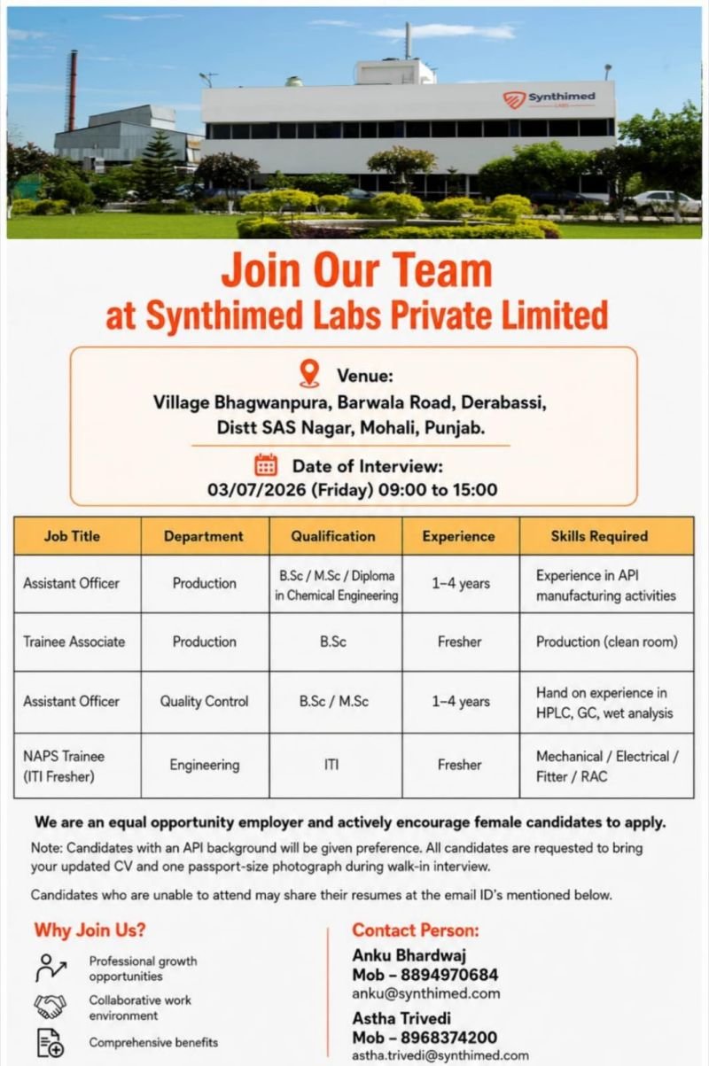 Freshers Needed In Production, Quality Control, and Engineering At Synthimed Labs Private