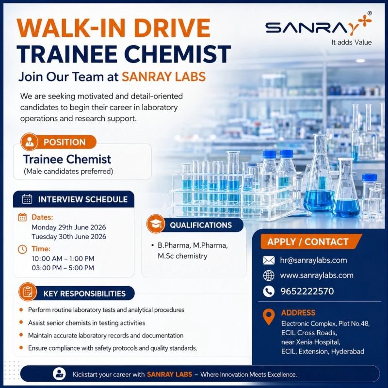 Freshers Needed In Trainee Chemist At SANRAY LABS