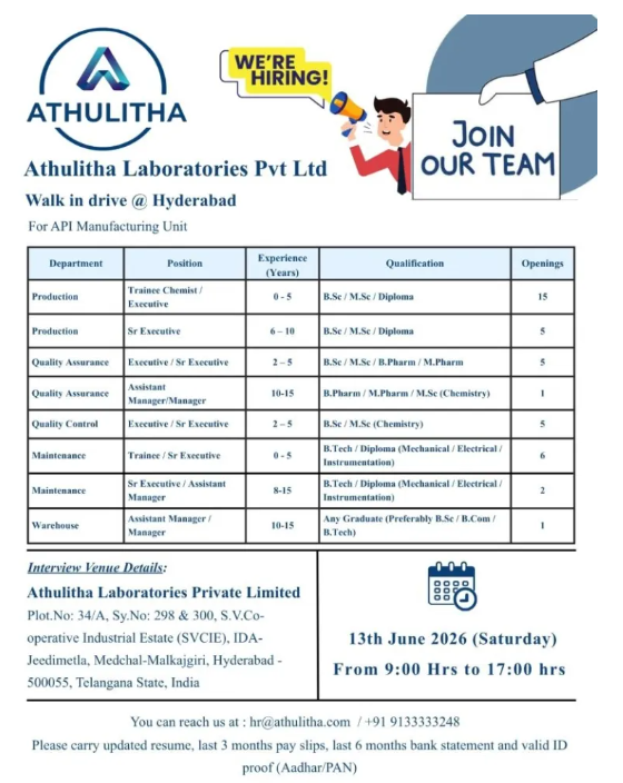 Freshers Needed In Production / Quality Control / Quality Assurance / Warehouse At Athulitha Laboratories