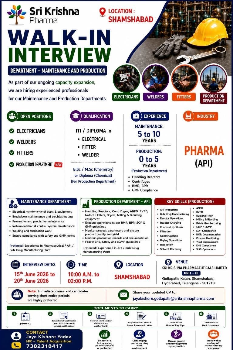 photo_2026-06-13_09-54-39 Freshers Needed In Production / ARD / FRD / Maintenance At Sri Krishna Pharmaceuticals