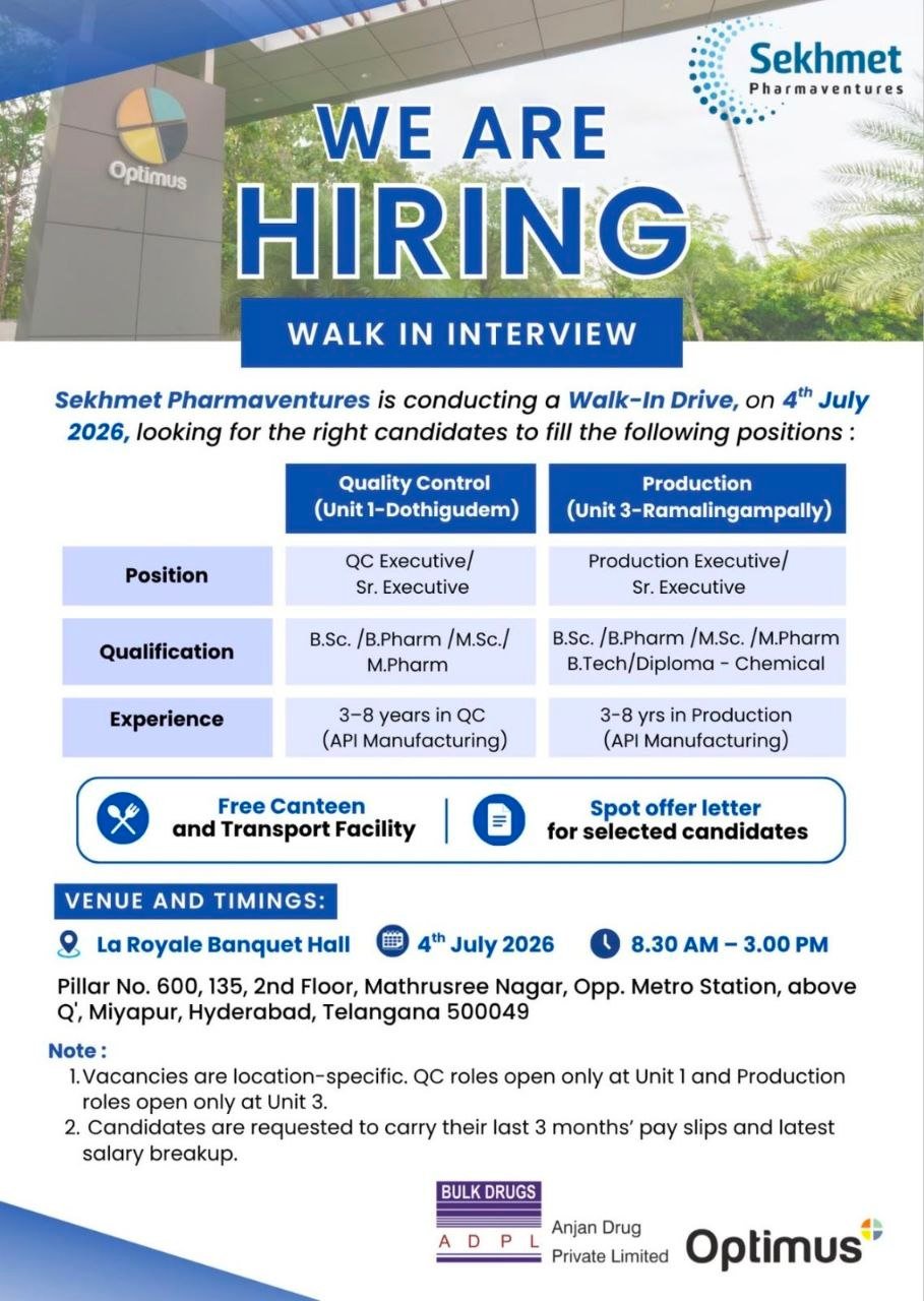 Sekhmet Pharmaventures Hiring For Production / Quality Control