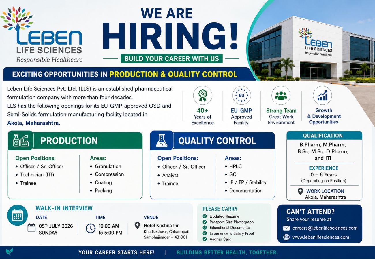 Leben Life Sciences Hiring For Production / Quality Control