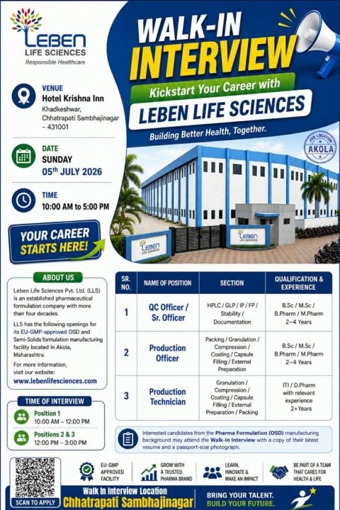 Leben Life Sciences Hiring For Production / Quality Control