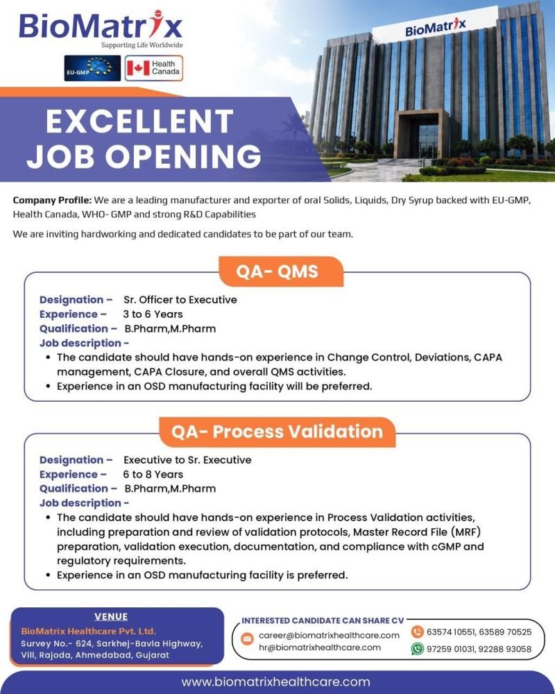 1782876423451 BioMatrix Healthcare Hiring For Quality Assurance / QA Process Validation