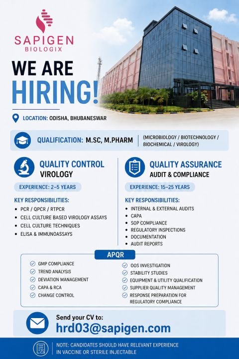 Sapigen Biologix Hiring For Quality Assurance / Quality Control