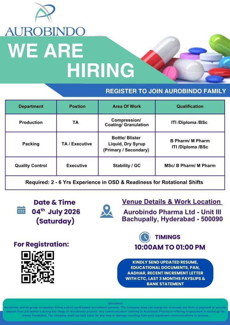 1782889854138 Aurobindo Pharma Hiring For Production, Packing, Quality Control