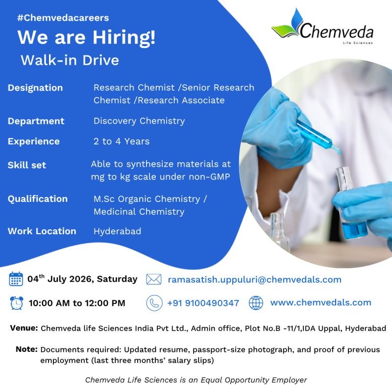 Chemveda Life Sciences Hiring For Discovery Chemistry, PDMO