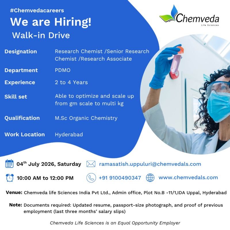 Chemveda Life Sciences Hiring For Discovery Chemistry, PDMO
