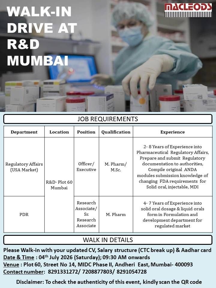Macleods Pharmaceuticals Hiring For Regulatory Affairs / PDR