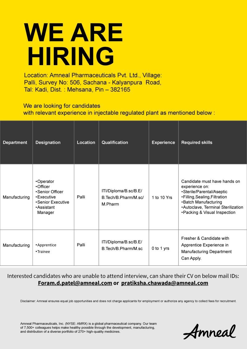 1782966880089 Freshers Needed In Manufacturing At Amneal Pharmaceuticals