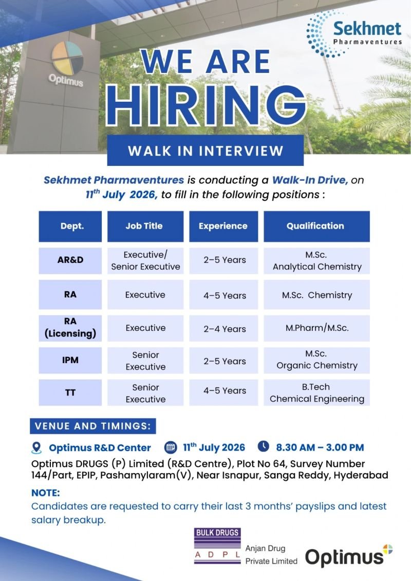 1783087860463 Sekhmet Pharmaventures Hiring For Regulatory Affairs / AR&D / Technology Transfer / IPM