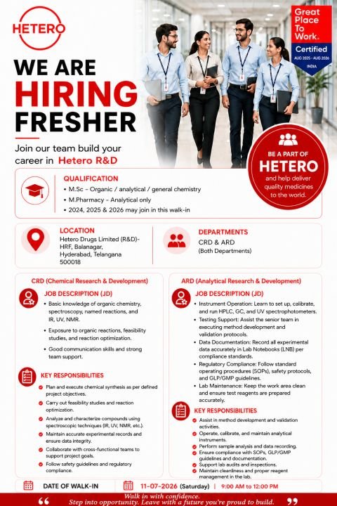 Freshers Needed In Analytical Research & Development / Chemical Research & Development At Hetero Drugs Limited