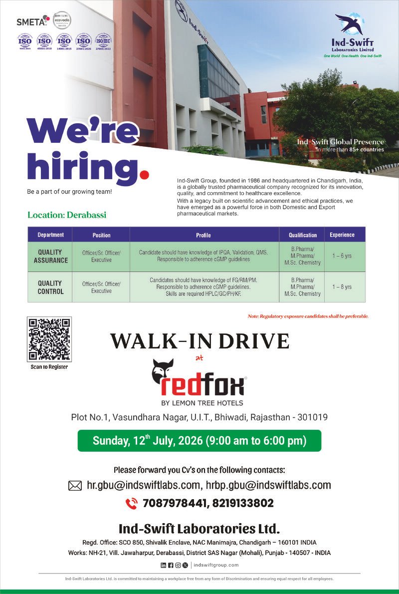 Ind-Swift Laboratories Hiring For Quality Assurance / Quality Control