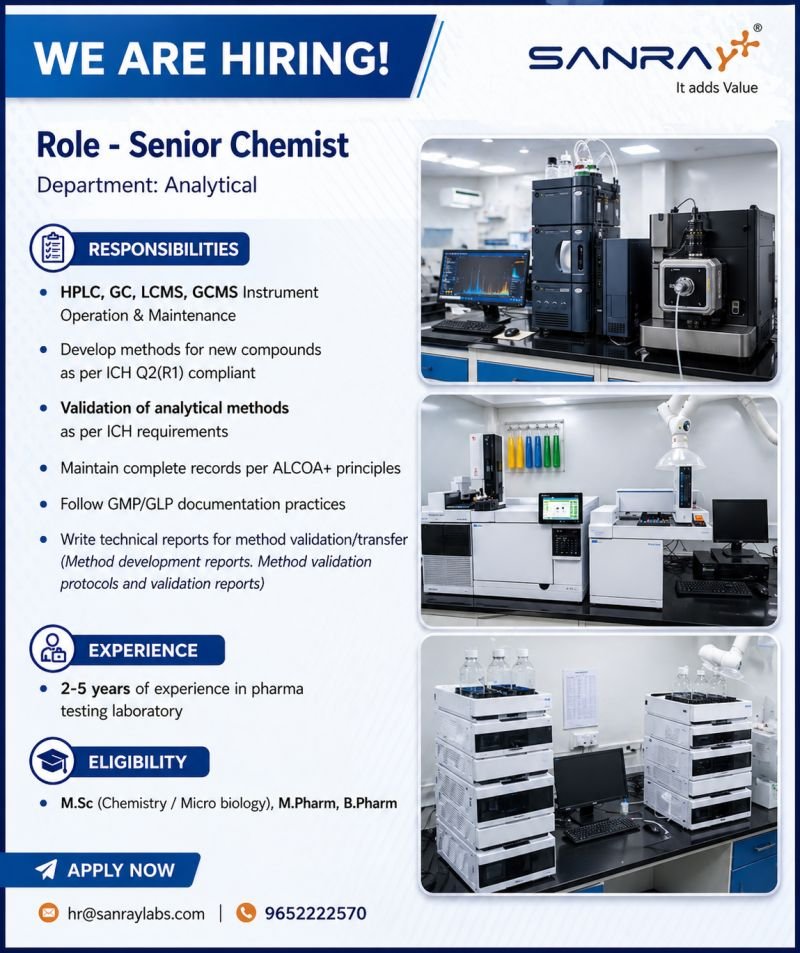 Sanray Labs Hiring For Senior Chemist – Analytical