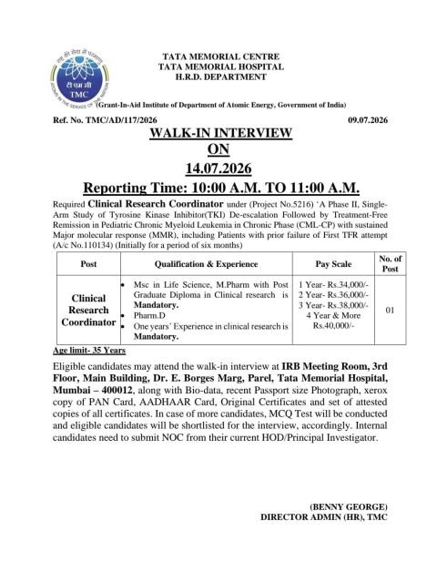 1783765836401 Tata Memorial Centre Hiring For Clinical Research Coordinator / Project Technical Support