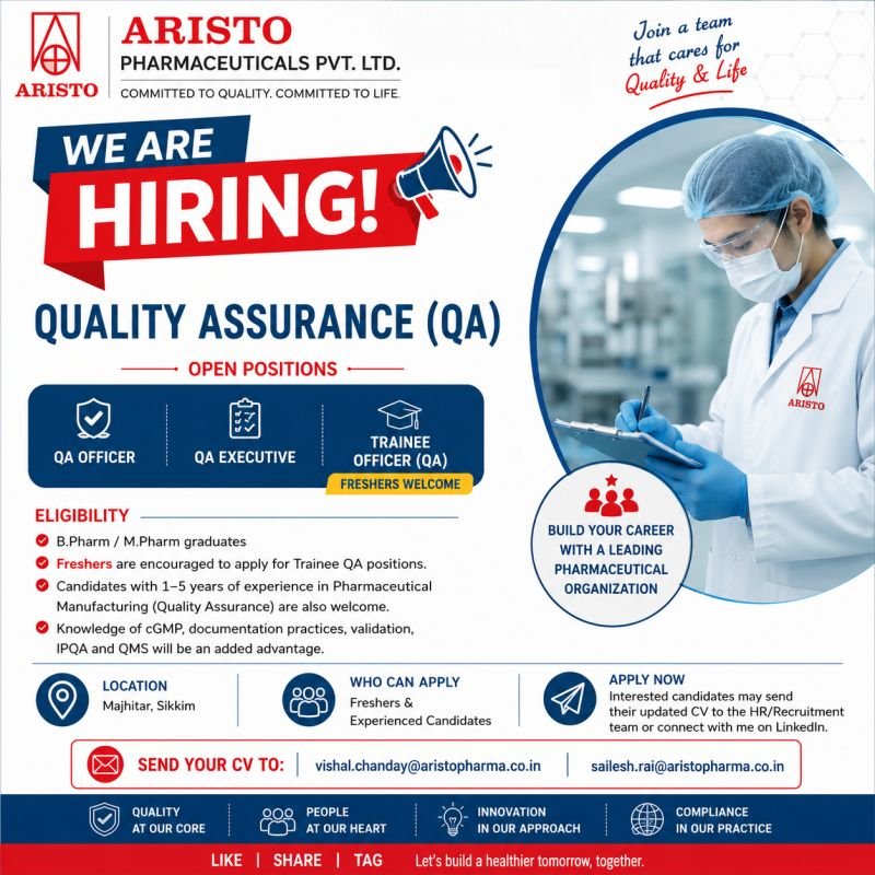 Freshers Needed In Quality Assurance At Aristo Pharmaceuticals Pvt. Ltd.