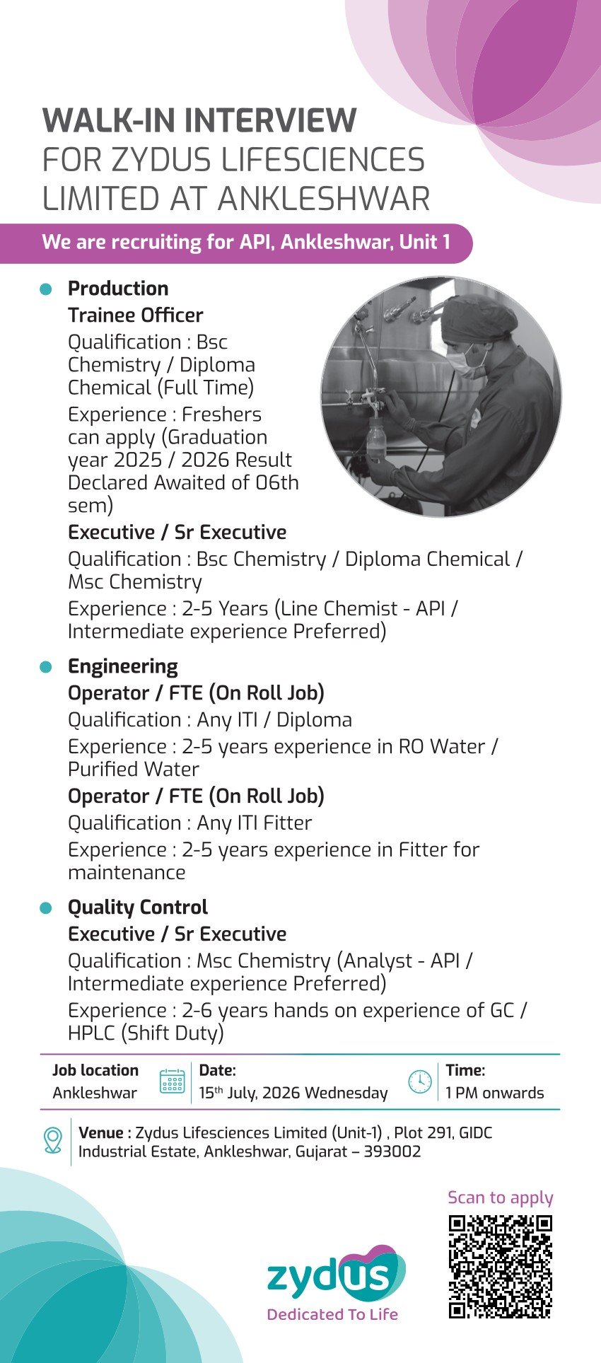 1783913940949 Freshers Needed In Production / Engineering / Quality Control At Zydus Lifesciences Limited