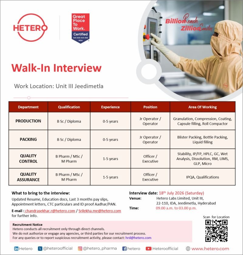 1783947108568 Freshers Needed In Production, Packing, Quality Control, Quality Assurance At Hetero Labs Limited