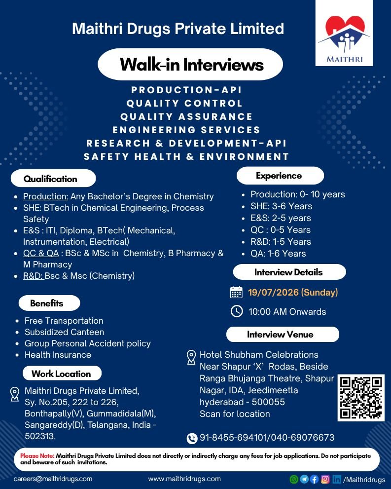 Freshers Needed In Production / Quality Control / Quality Assurance / Engineering / Services / R&D / Safety Health & Environment At Maithri Drugs Private Limited