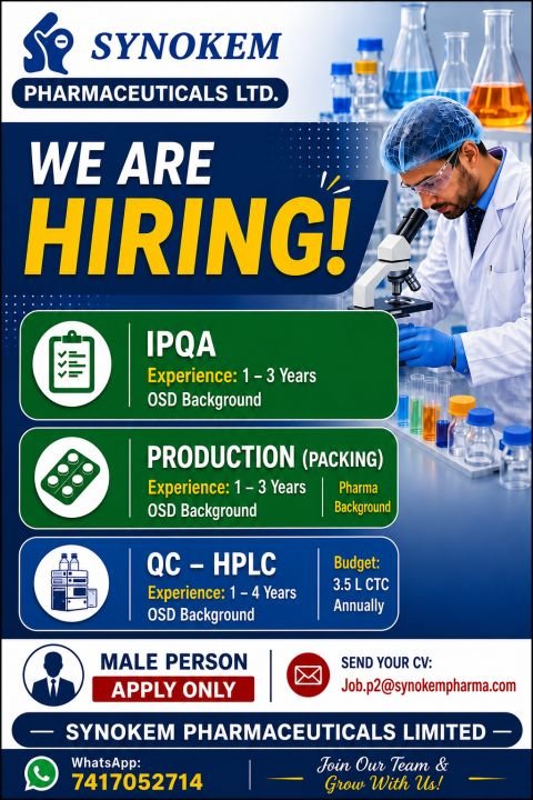 1784044149052 Synokem Pharmaceuticals Hiring For IPQA, Production Packing, Quality Control