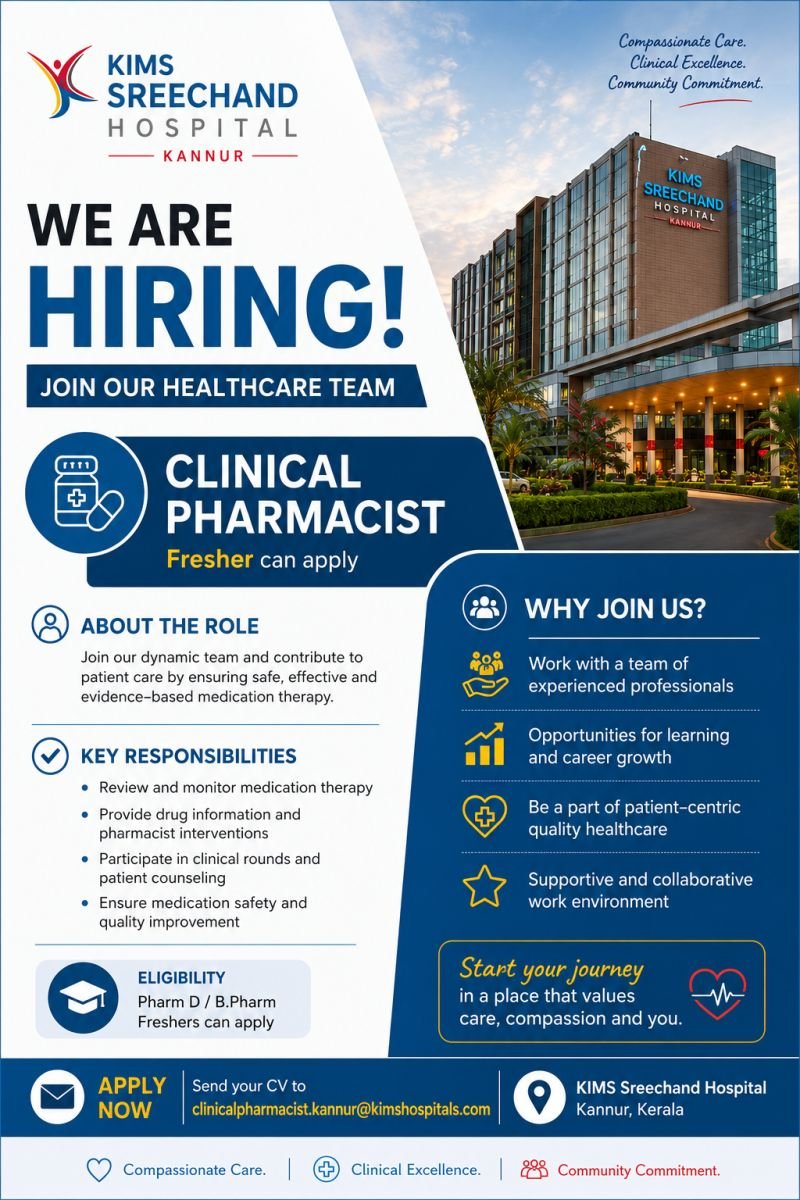Freshers Needed In Clinical Pharmacist At KIMS Sreechand Hospital