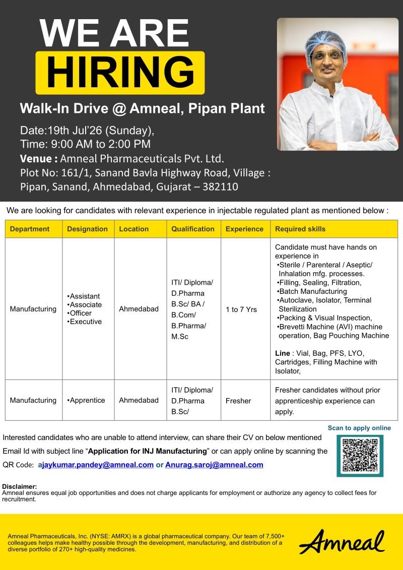 Freshers Needed In Manufacturing At Amneal Pharmaceuticals Pvt. Ltd.